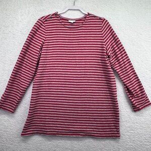 J Jill Shirt Adult Large Tunic Top Red Gray Stripe Button Accents Womens